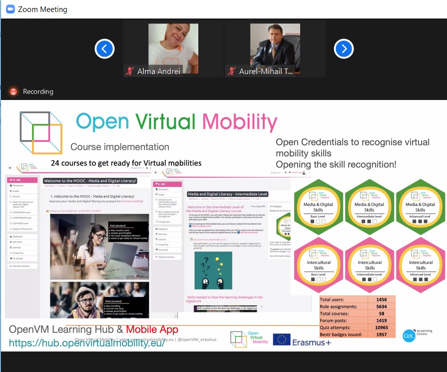 Presenting about the Open Virtual Mobility project during workshop The Online Education Experience at academic level in Romania. Challenges and future perspectives