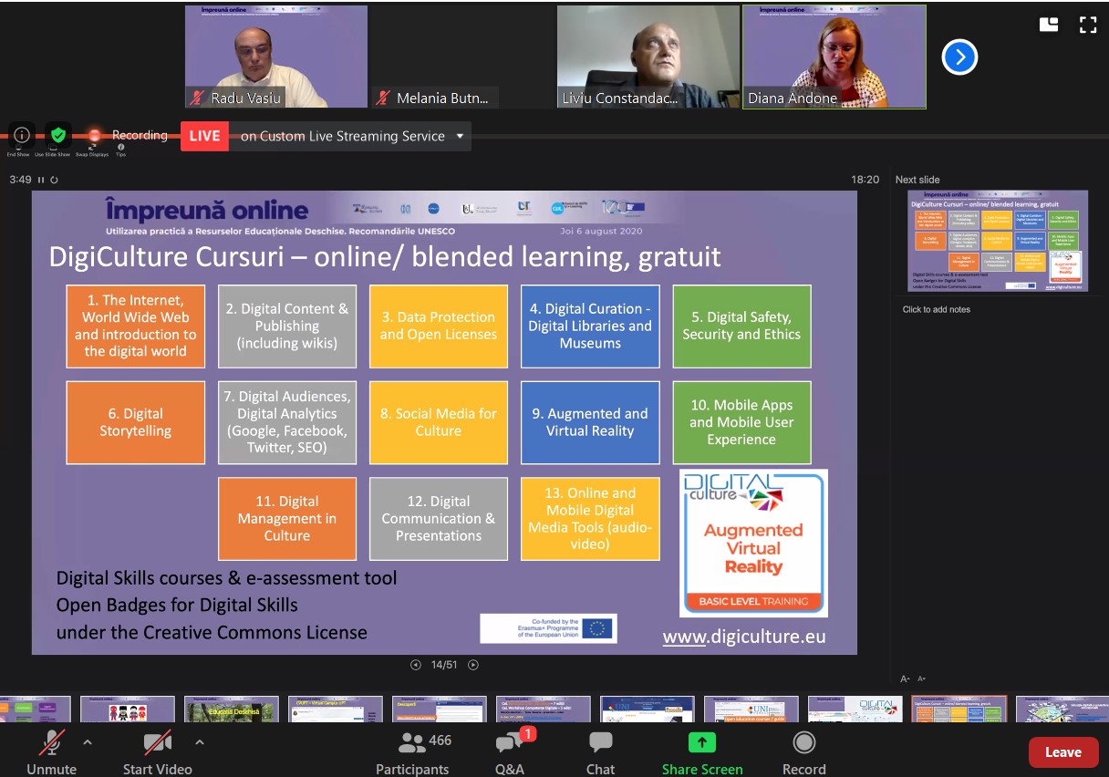 Presentation about the Digital Culture project within the #impreunaonline webinar - Practical use of Open Educational Resources. UNESCO recommendations