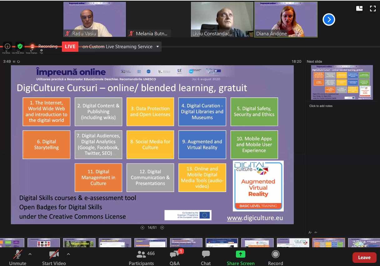 Prezentarea despre proiectul Cultură Digitală în cadrul webinarului #impreunaonline – Utilizarea practică a Resurselor Educaționale Deschise. Recomandările UNESCO